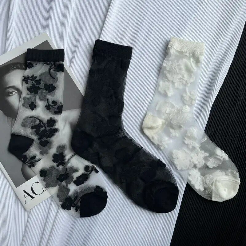 Ultra dünne schicke Retro transparente Frau Sommer atmungsaktive Socken schwarz weiße Blumen und Pflanzen Kristalls eide aushöhlen transparente Sox