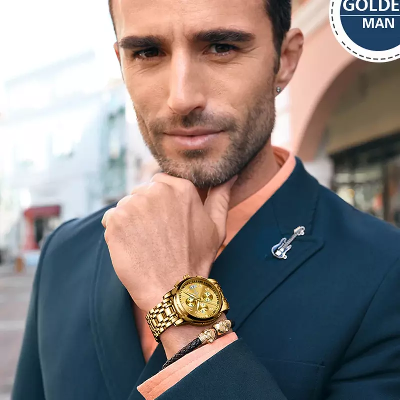 남성 드레스 시계, 최고 브랜드 럭셔리 골드 스테인레스 스틸 쿼츠 시계, 남성 빛나는 손목 크로노 방수 비즈니스 시계