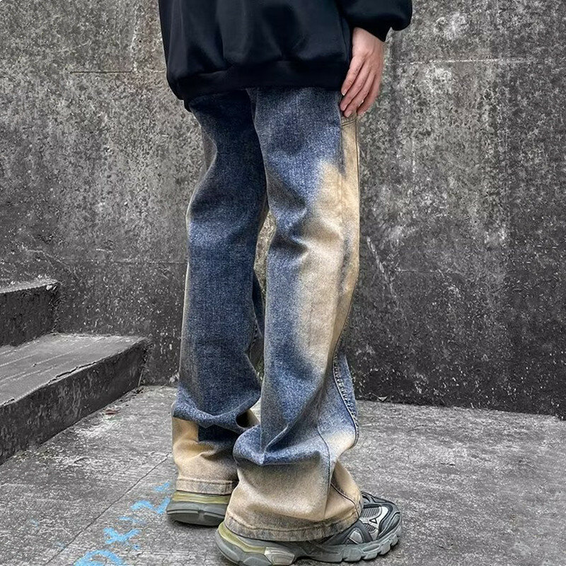 2024 Spodnie Y2K Streetwear Tie Dye Vintage Blue Baggy Flare Jeans Pants For Men Clothes Straight Old Denim Trousers Moda Hombre