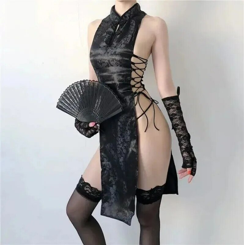 Cheongsams untuk Wanita Lingerie Seksi Gaun Qipao Perban Belahan Tinggi Seragam Gaun Pesta Tradisional Cina dengan Celana Dalam