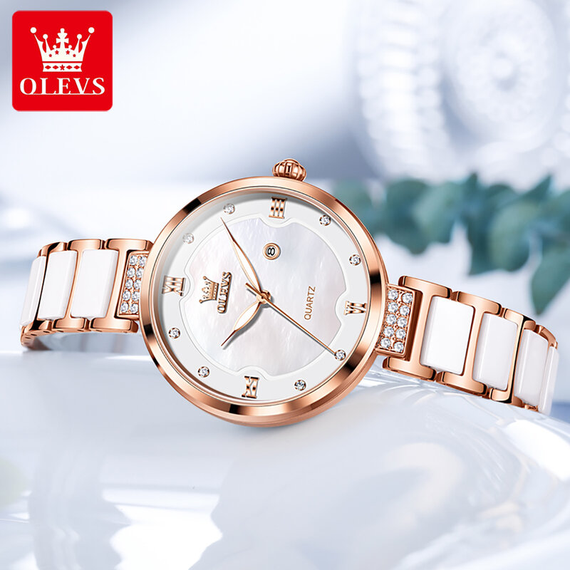 OLEVS-Relógio de quartzo cerâmica de luxo feminino, relógios de pulso impermeáveis com calendário, marca top, moda