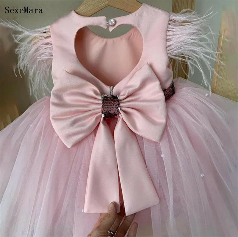 Sweet Pink Flower Girls Dresses Bow Sash Puffy Tulle Children Pageant Ball Gown Short Kids Birthday Dress Wears