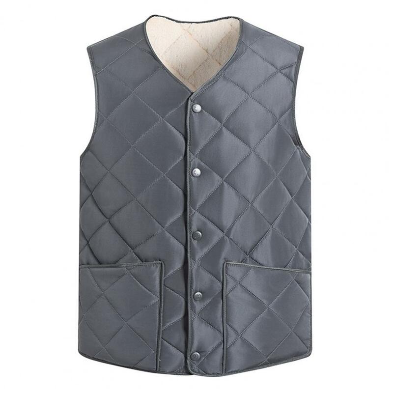 Men Autumn Winter Down Padding Vest with Pocket Button Closure V-Neck Solid Color Cold-proof Sleeveless Jacket Vest