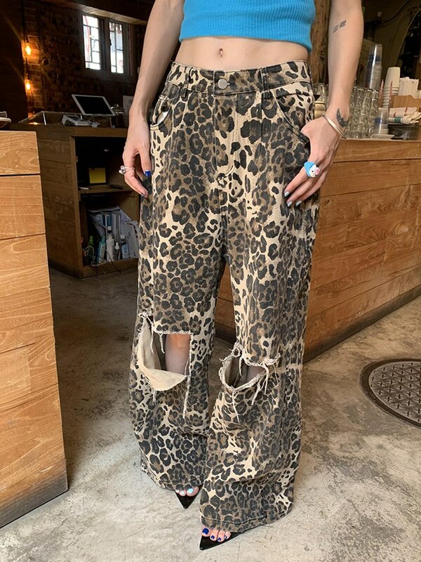TWOTWINSTYLE Colorblock  Leopard Hollow Out Denim Pants For Women High Waist Spliced Pocket Wide Leg Jeans Female Fashion New
