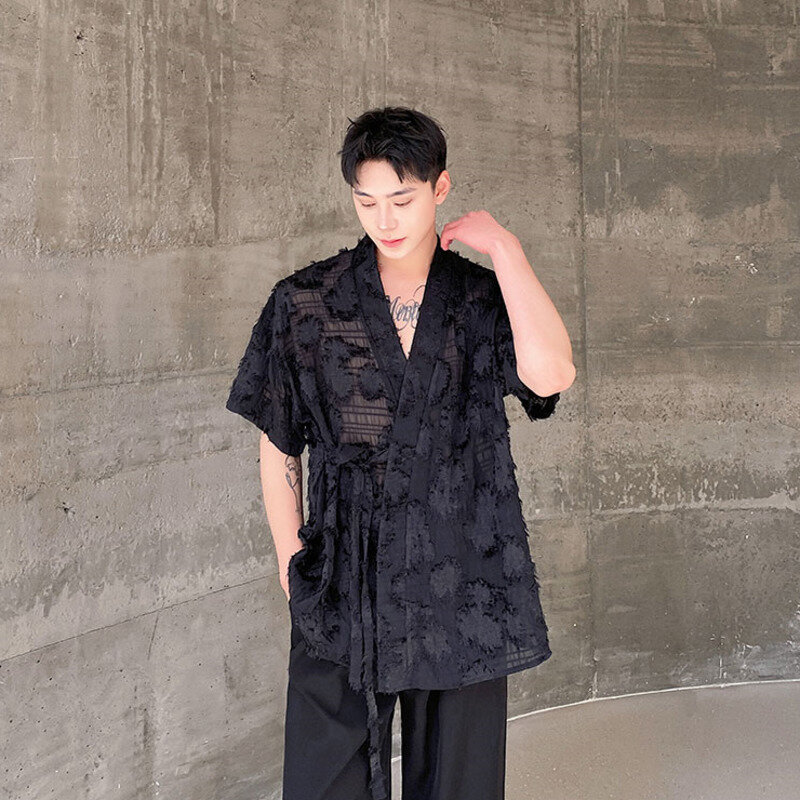 NOYMEI-camisas de manga corta para hombre, Top informal de gasa transparente con diseño de correa, estilo chino, nueva moda, WA4410, 2024