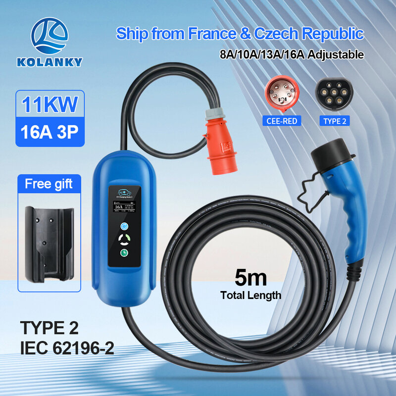 Ładowarka EV komórkowy 16A 11kW typ 2 IEC-62169 dostosować bieżący Timer do hybrydowych samochodów elektrycznych kabel 5M