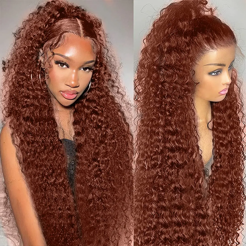 Peluca de cabello humano de color marrón rojizo, postizo de encaje Frontal, 13x6, 34 pulgadas, 13x4