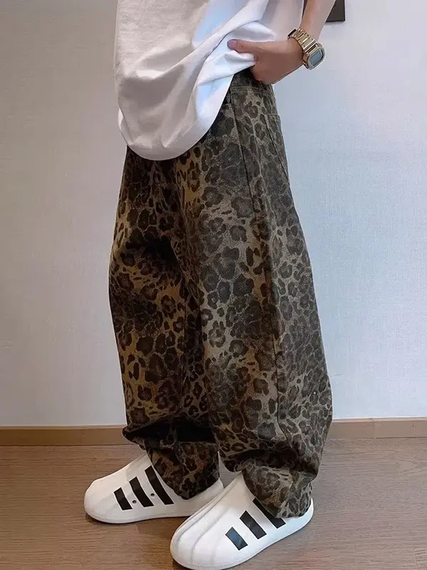 HOUZHOU Tan Leopard Jeans Men Denim Pants Male Oversize Wide Leg Trousers Streetwear Hip Hop Vintage Loose Casual Animal Print