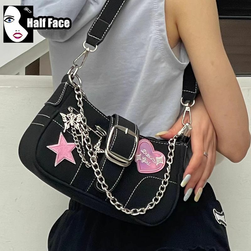Bolso cruzado de un hombro para mujer, bolsa de mano con diseño avanzado, estilo gótico, rosa, Harajuku, Punk, cadena Lolita, Y2K
