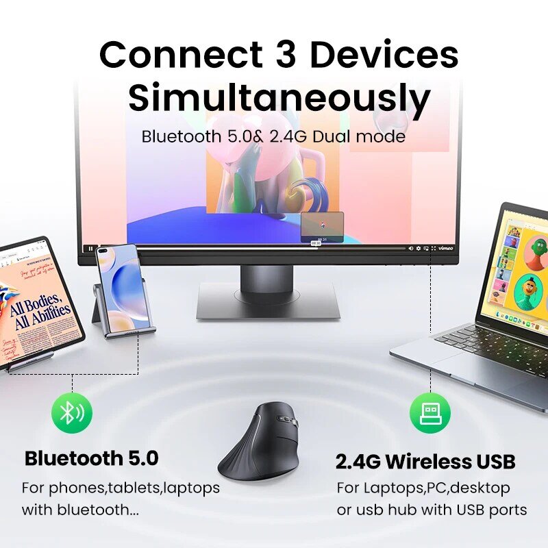 Ugreen-ワイヤレス縦型マウス,Bluetooth 5.0, 2.4g,人間工学に基づいた4000dpi,6つのサイレントボタン,ノートブック,コンピューター,PC用