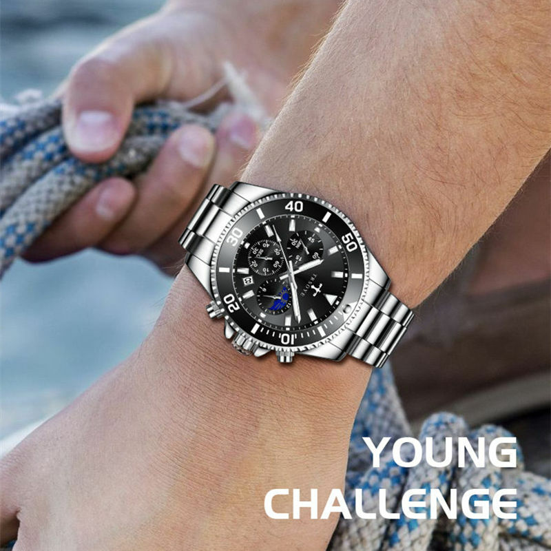 Trsoye relógio de negócios relógio de aço inoxidável dos homens da moda luxo calendário quartzo à prova ddate água exibição data super luminoso