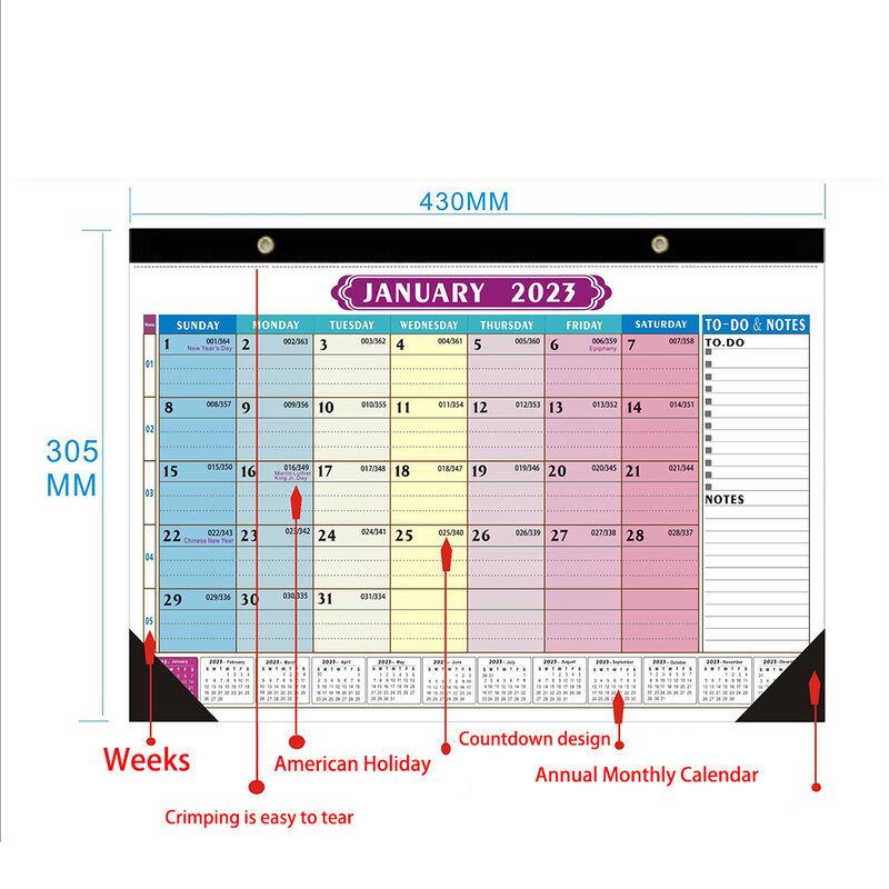 Calendário de mesa 2023 parede pendurado calendário grande ano novo contagem regressiva inglês calendário planejamento fronteira organização para escritório em casa