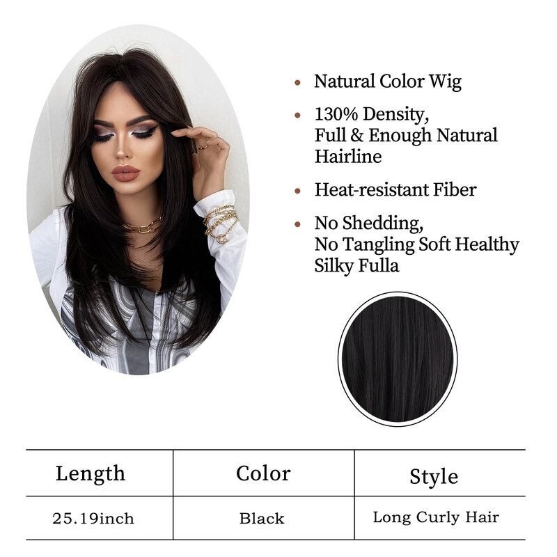 Peluca larga ondulada recta negra con flequillo para mujer, pelucas sintéticas naturales resistentes al calor, fiesta, uso diario, cabello falso Natural