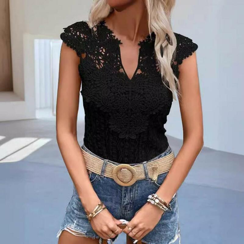 Women Lace Top Stylish V-neck Lace Floral Women's Summer Tops Slim Fit Solid Color Pullover Tops for Wear Short Sleeve Hollow