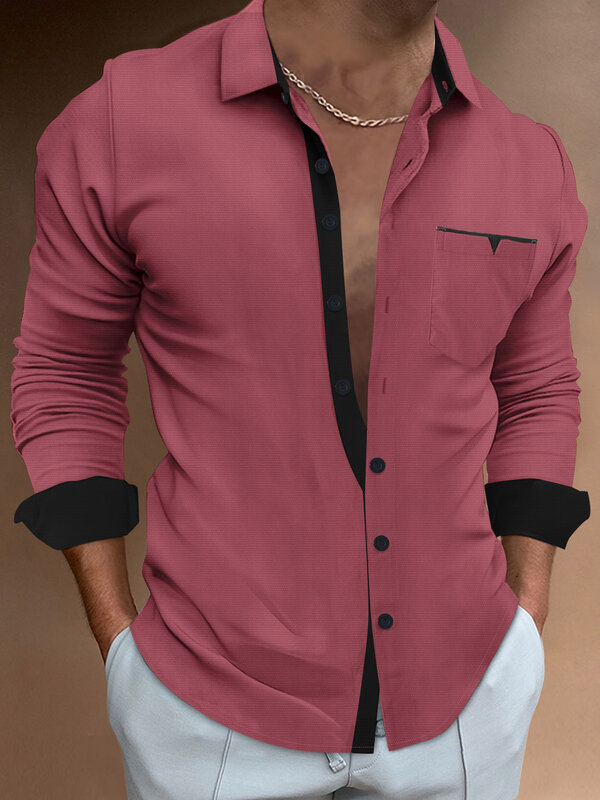 Camisa casual de peito único masculina, bolso de lapela, cor sólida, moda primavera e outono, nova
