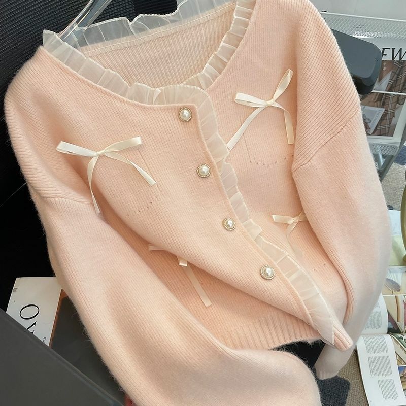 Camisola de malha de manga comprida feminina, casaco rosa, blusa solta, laço curto, roupas doces, primavera e outono