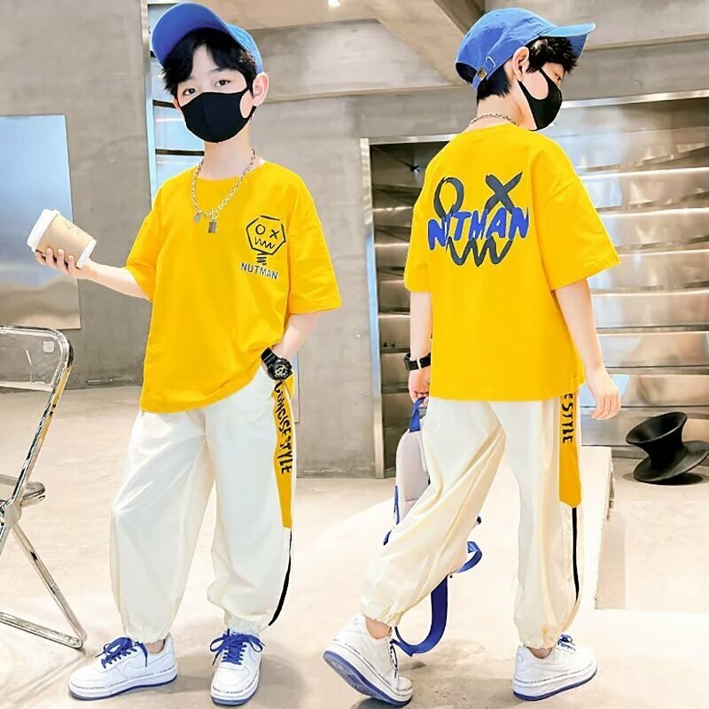 Summer Boys Girls Set Kids Breathable T-shirt Sports Pants 2 Piece Set Korean High Street Fashion  High Quality Children's Suit