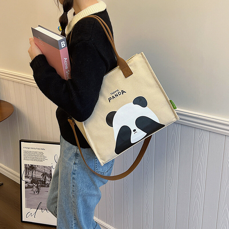 Вместительная Холщовая Сумка-тоут с принтом милой панды, сумка на плечо для женщин, повседневные женские кошельки и сумки