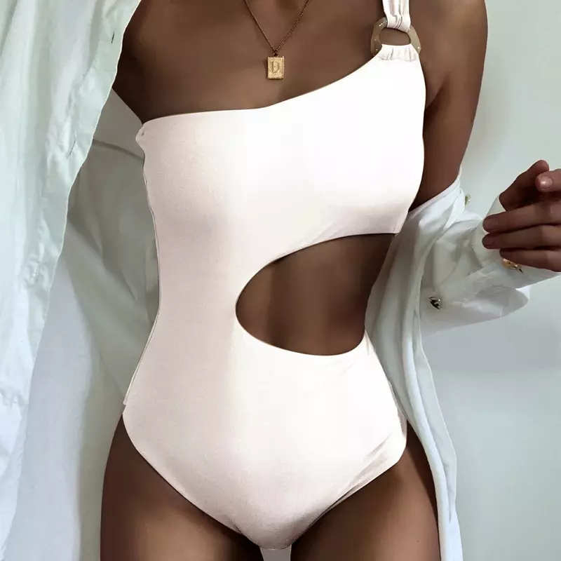 2024 neuer einteiliger Badeanzug für Frauen in Europa und Amerika, sexy einfarbiger Badeanzug mit einem Schulter gurt, eng anliegender Rücken