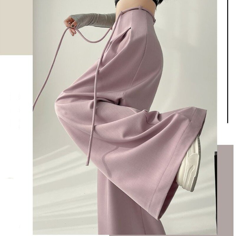 Damski 2024 wiosna nowa moda z wysokim stanem sznurek w jednolitym kolorze luźne, proste spodnie z szerokimi nogawkami na całej długości garnitur Casual