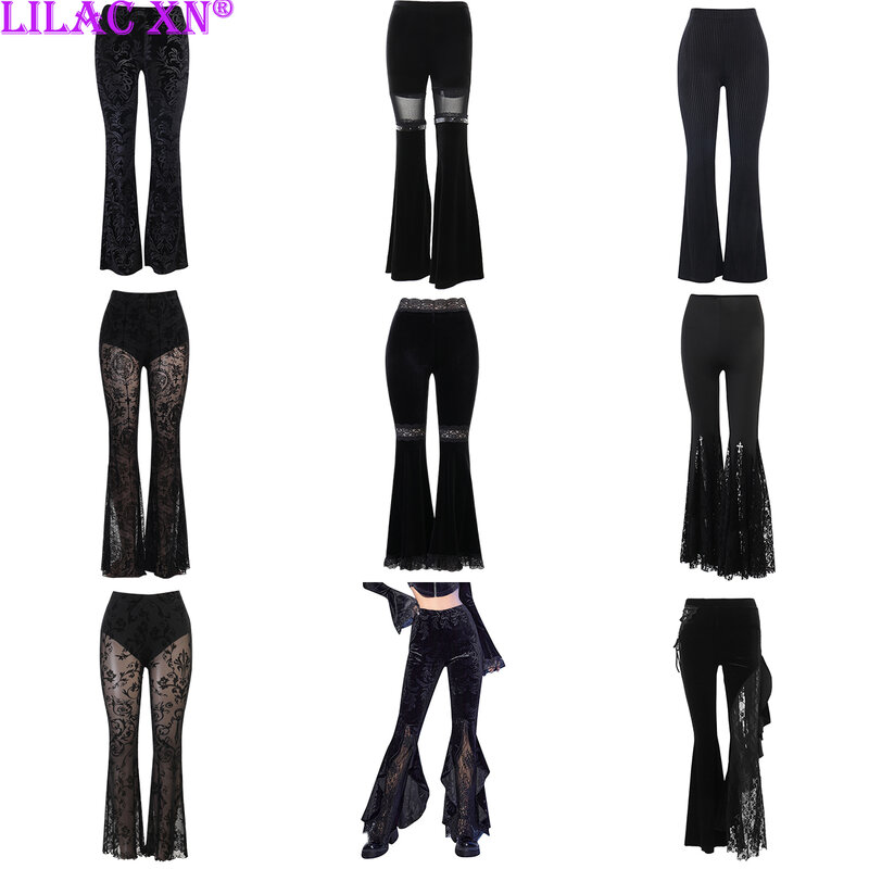 Y2K gotico nero velluto pizzo maglia Flare pantaloni Sexy Harajuku estetica vedere attraverso Emo pantaloni Vintage donna estate pantalone Streetwear