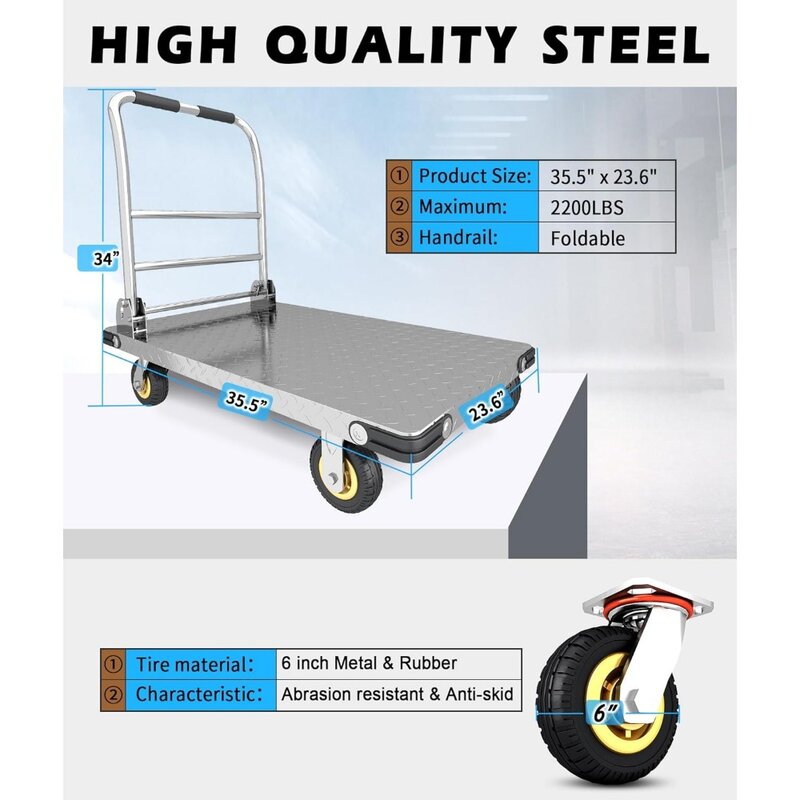 Heavy Duty Platform Truck, Flatbed cart,Capable of Carrying 2200 pounds, with 6-inch Rotating Wheels, 35.4" x 23.6"