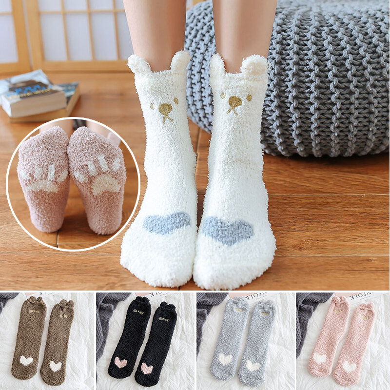 Women Winter Warm Fluffy Socks Home Floor Sleep Cute Heart Socks Thickened Coral Fleece Fuzzy Socks Hosiery Fluffy Funny Socks