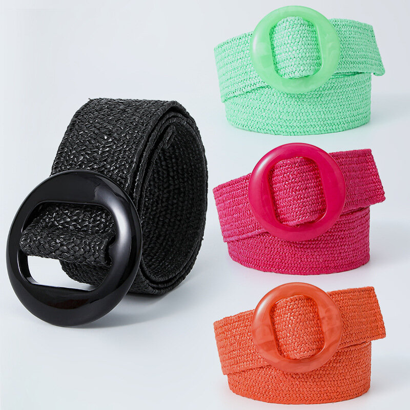 New Bohemian Candy Color PP Grass Woven Elastic Belt Resin Round Buckle Retro Decoration Women's Wide Waist Cover