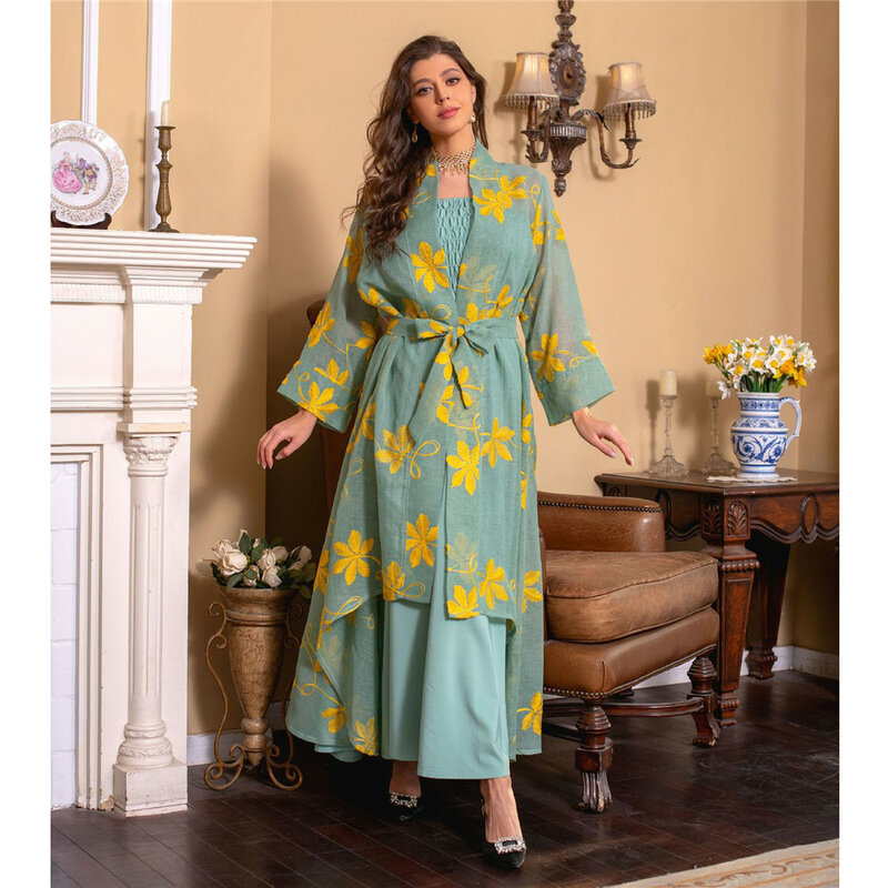 Conjunto de 2 piezas de Kimono Abaya con tirantes para mujer, traje a juego con bordado de malla, caftán islámico musulmán, Eid, Ramadán, Jalabiya, Dubái