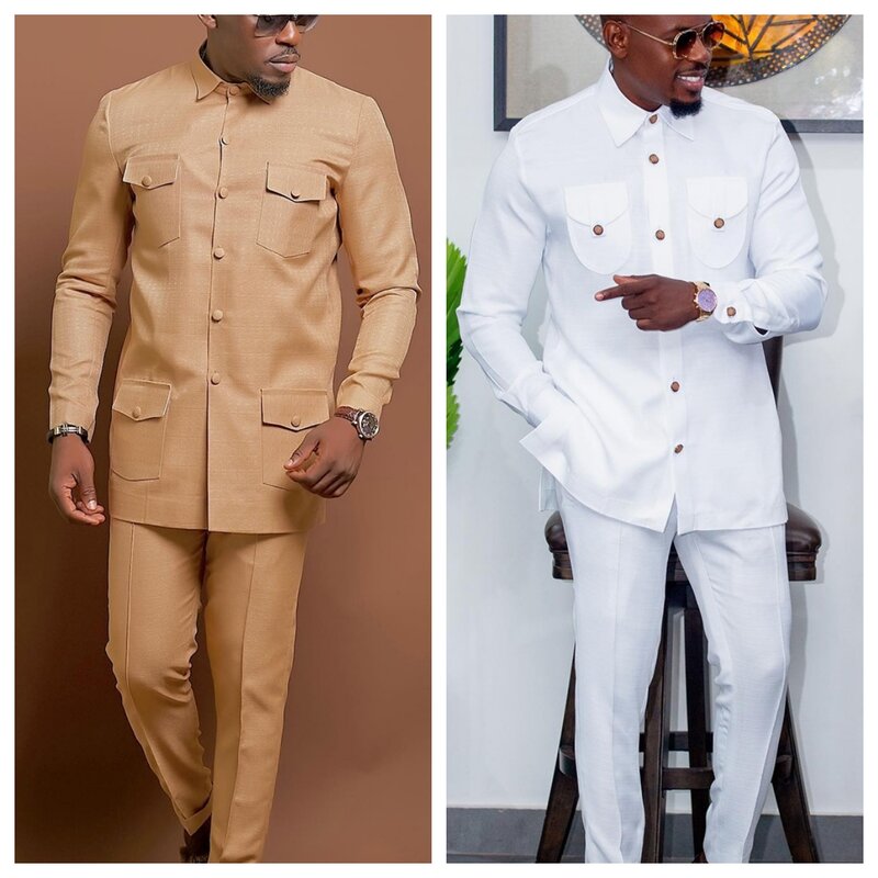 Новый мужской костюм Temos из двух предметов для свадьбы мужское платье длинные брюки рубашка однотонная с длинным рукавом яркий Африканский этнический стиль Одежда