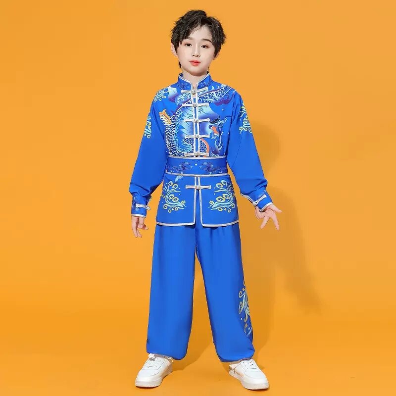 2024 chinese children traditional tai chi wushu kung fu martial arts set vintage performance suit dragon print kung fu suit