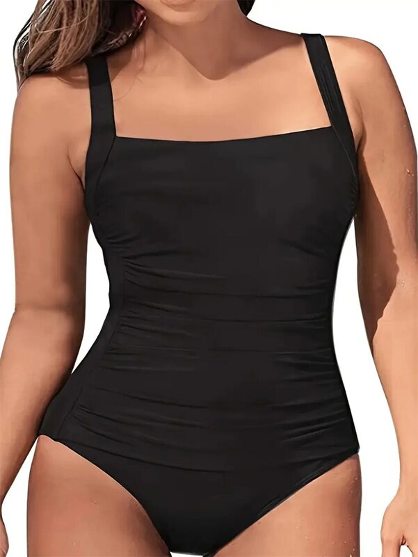Monokini plissado de cintura alta feminino, maiô peça única, biquíni de emenda sexy, roupa de banho preta, biquíni plissado de praia