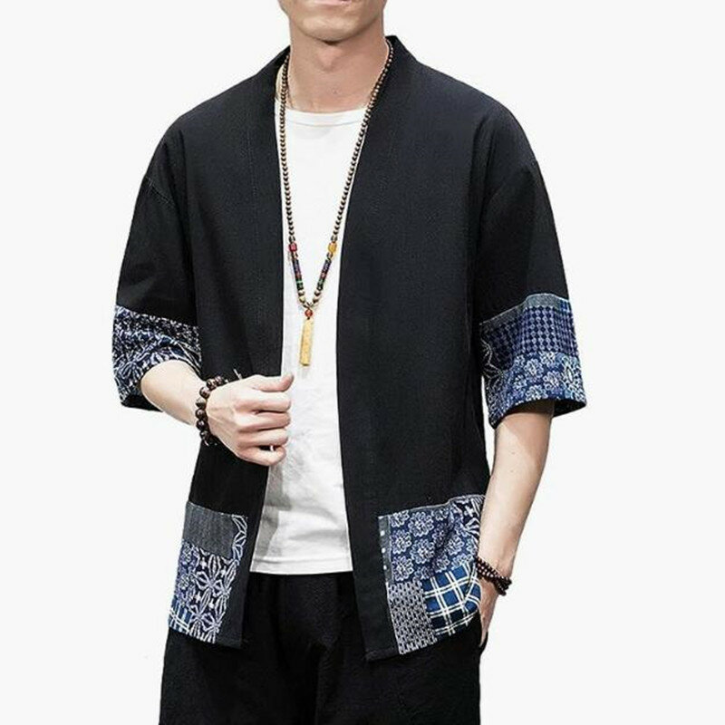 Quimono japonês solto masculino, cardigã de linho de algodão, manga 3/4, frente aberta, jaquetas casuais de verão