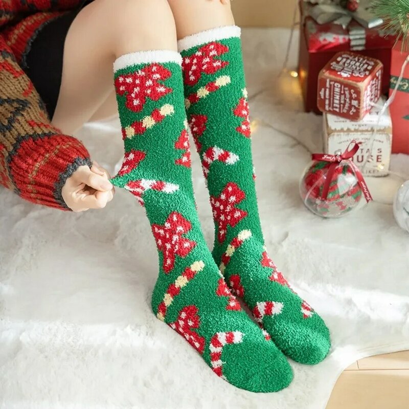 Meias Coral de Natal para mulheres, meias grossas no joelho, meias de tubo longo, aquecedor de perna, meias de bezerro para meninas, inverno