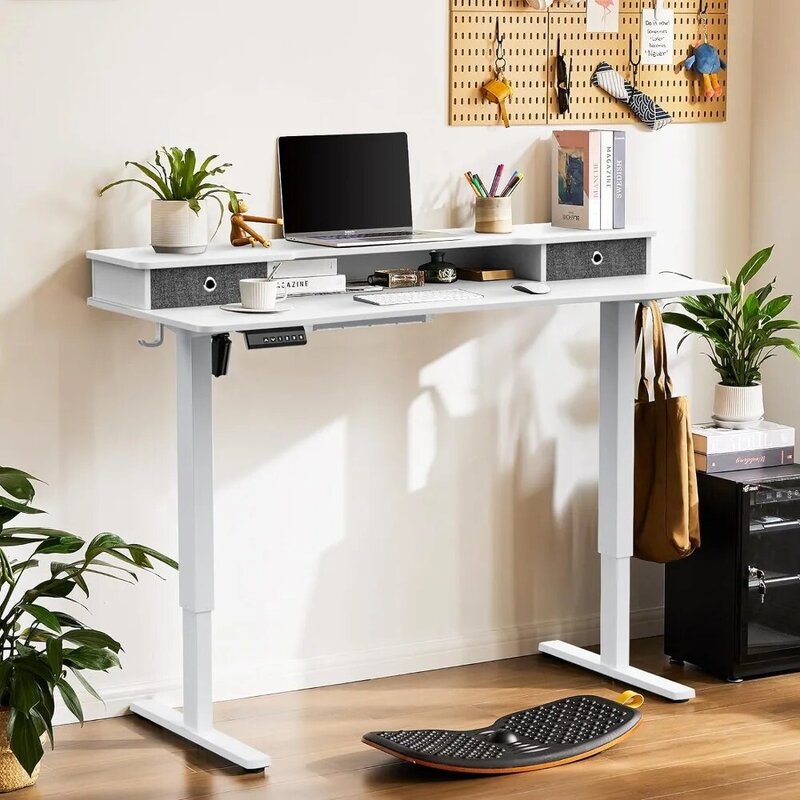 Escritorio eléctrico de pie, mesa de ordenador con doble cajón, altura ajustable, 55x24 pulgadas