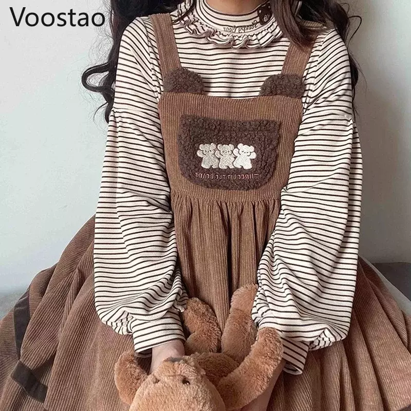 Autunno inverno ragazze Vintage dolce Lolita Jsk vestito donna carino orso ricamo peluche tasca allentata velluto a coste abiti da festa con cinturino
