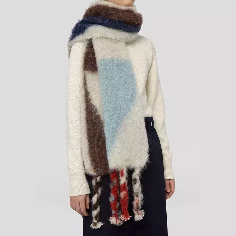 Bufanda con degradado de contraste de Mohair, borla gruesa, banda de cuello de pareja colorida, accesorios de bufanda de Cachemira cálida de invierno Kawaii