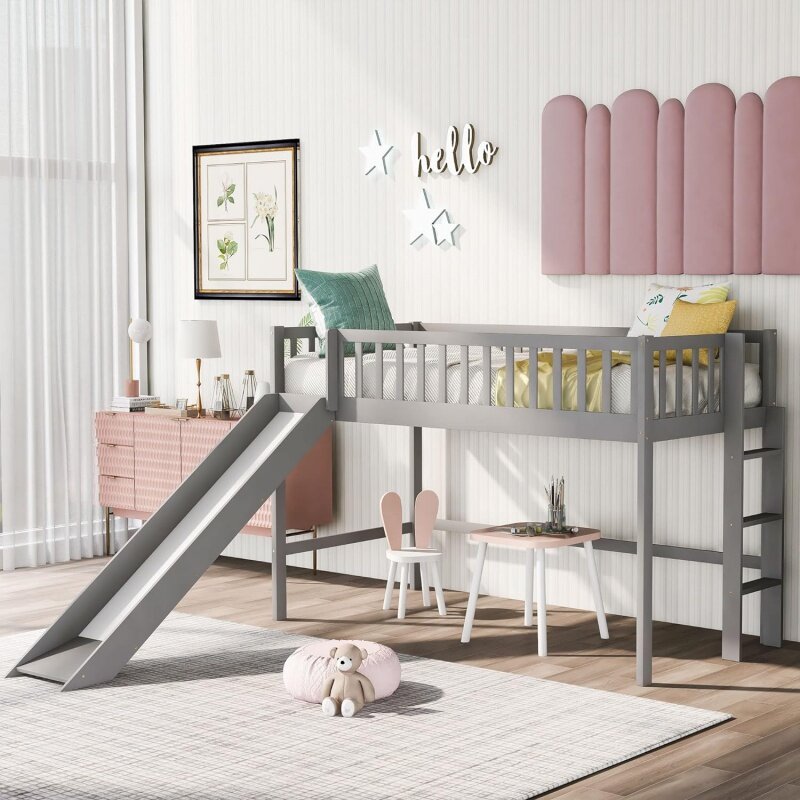 Twin Size Low Loft Bed with Slide Ladder, Pinewood Bedframe with Safety Guardrail for Kids,Girls,Boys, Easy to Assemble, No Box