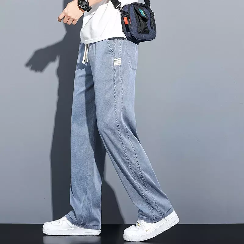 Zomer Zachte Lyocell Stof Heren Jeans Dunne Losse Rechte Broek Met Elastische Taille Korea Casual Broek Plus Size