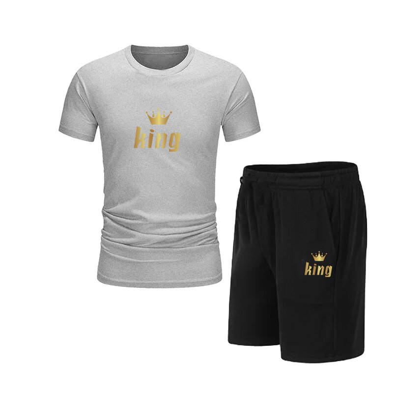 メンズ半袖原宿スポーツスーツ,カジュアルサマーウェア,プリント付きベーシック巾着シャツ,2枚セット