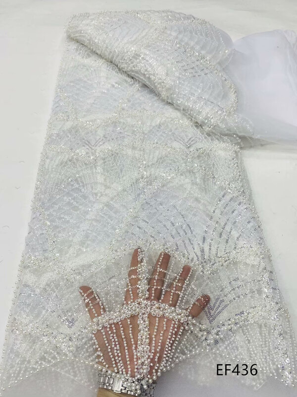 Tela bordada de lentejuelas florales exquisitas, tela bordada de tubo de perlas para vestido de novia, tela bordada de encaje