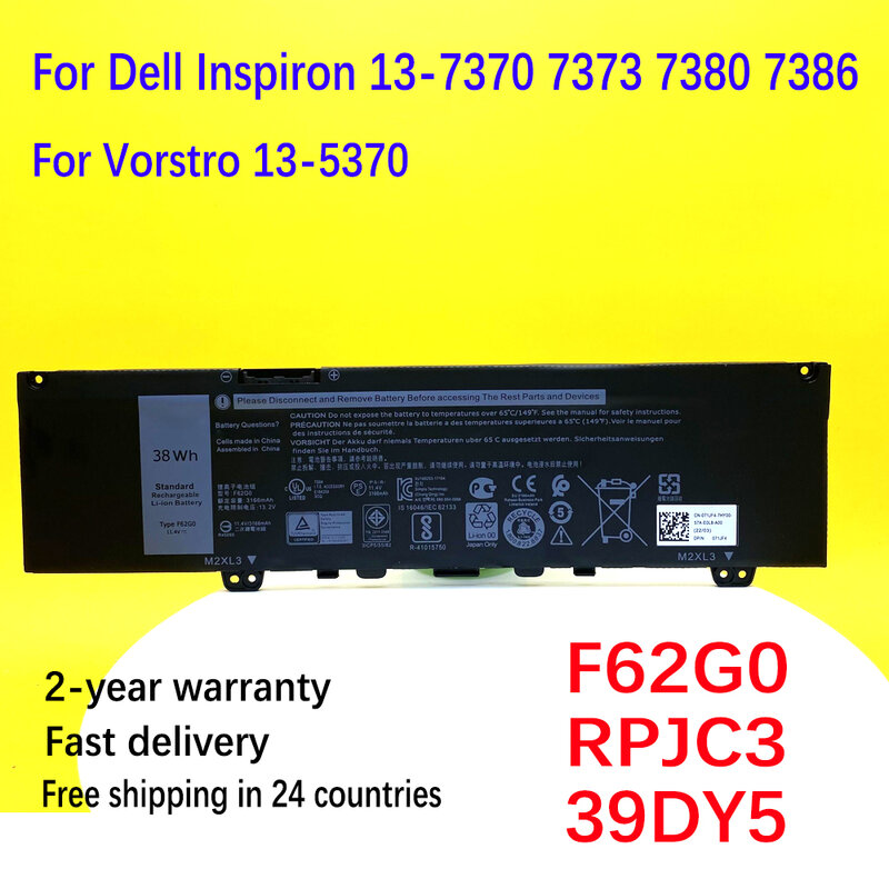 New 11.4V 38WH F62G0 Battery For Dell Inspiron 13 7386 2-in-1 5370 7370 7380 7373 Vostro 5370 RPJC3 P91G P83G P87G Laptop