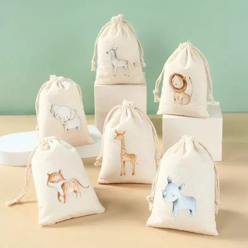 CKB01-bolsas de regalo de lino y algodón para niños, animales, dinosaurios, unicornios, decoración de fiesta de cumpleaños, bolsa de recuerdo de boda para bebé