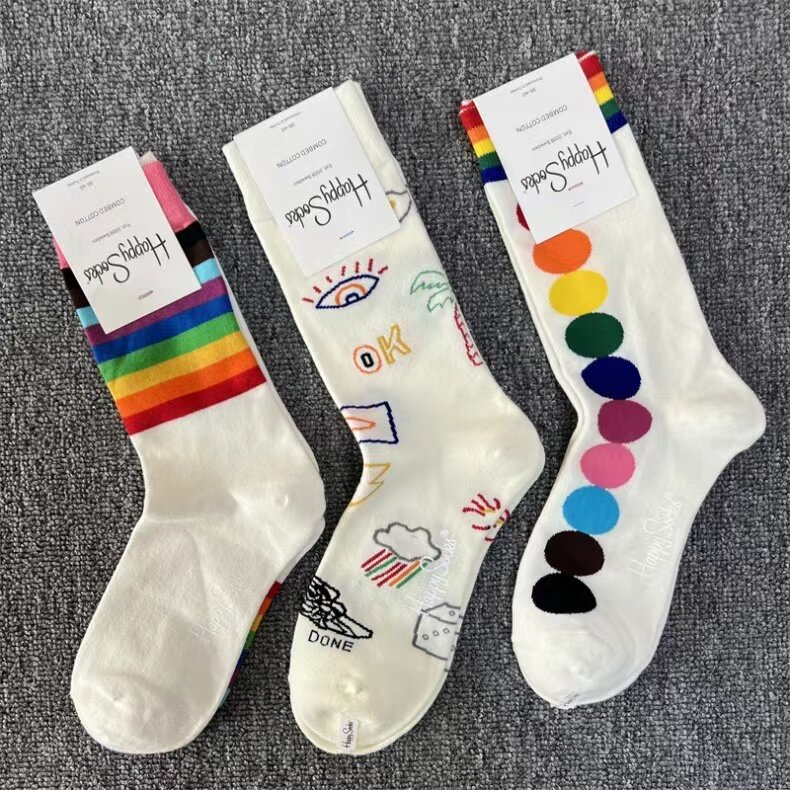 Happy Socks Flower Middle Tube Cotton Socks For Women Sports Socks Size 36-40