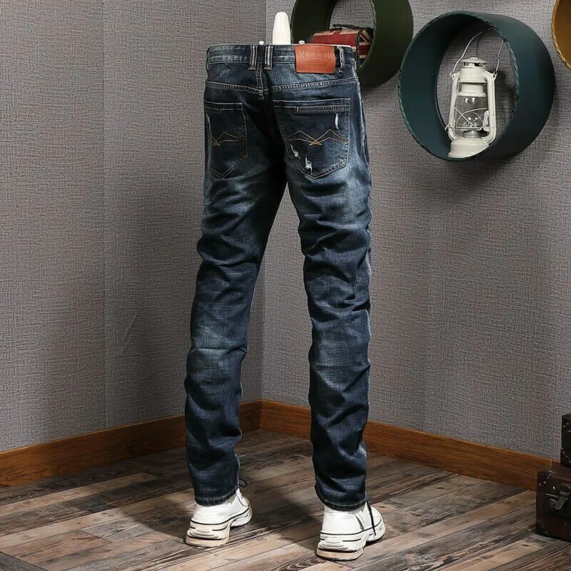 Jeans desainer Mode Pria celana Denim kasual tambalan celana panjang antik pria Jeans robek ketat elastis hitam biru Retro