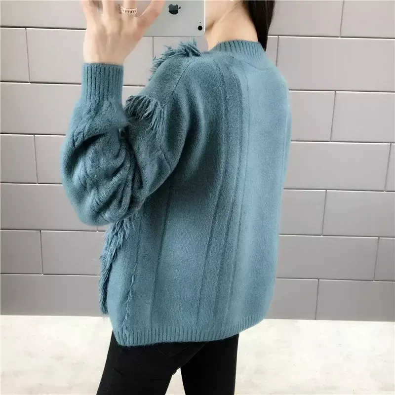 2024 Herbst/Winter Damen neue V-Ausschnitt einfarbig Pullover Mode Pullover faulen Stil Quaste Strick unterlage Spaß aus