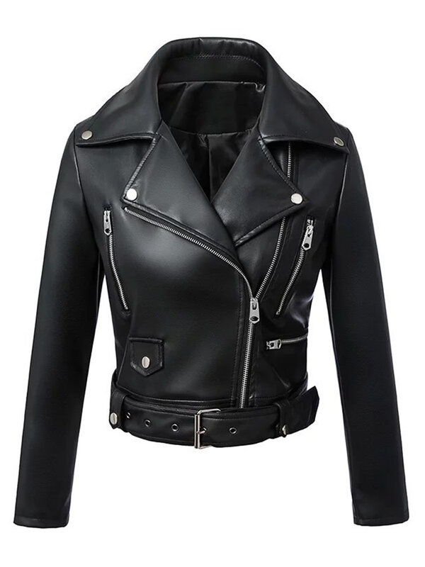 Ailegogo nuove donne primavera autunno giacche in ecopelle nera cerniera cappotto di base giacca da motociclista con colletto rovesciato con cintura