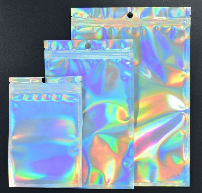 Plástico Laser Colorido Self Sealing Bag, Embalagem de alimentos, Folha de alumínio, impermeável, à prova de umidade, DIY Jewelry Storage Pouch