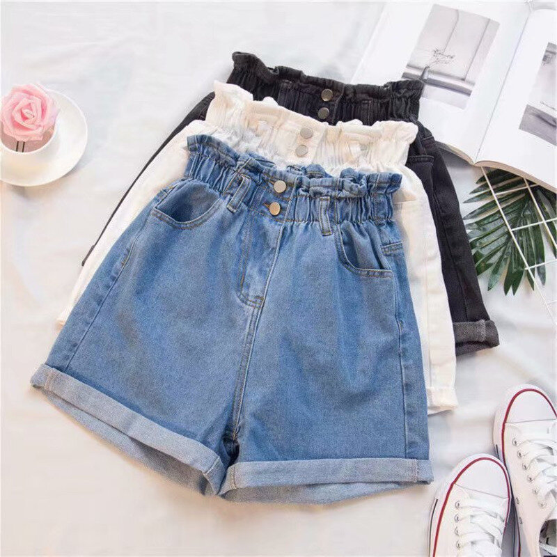 2024 New Casual Thigh Thick Denim Shorts Women Size, Elastic Waist, Slimming Effect, Loose and Wide Leg Hot Pants Trendy Women