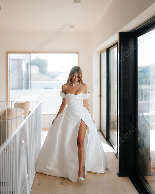 Oimg einfache Satin eine Linie Brautkleider Kleid Schatz von der Schulter lange formelle Gelegenheit Braut Brautkleider Robe de Soiree